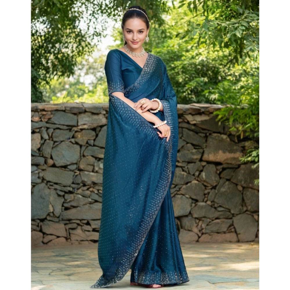 Generic Women's Rangoli Diamond Weaving - Stone Work Saree With Unstitched Blouse 5.5Mtr (Teal) - MYLUXURY LANE ENTERPRISE
